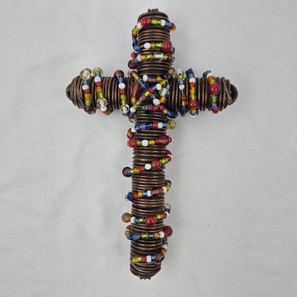 Metal Wall Hanging Cross Wire Wrapped with Multi Colored Beads